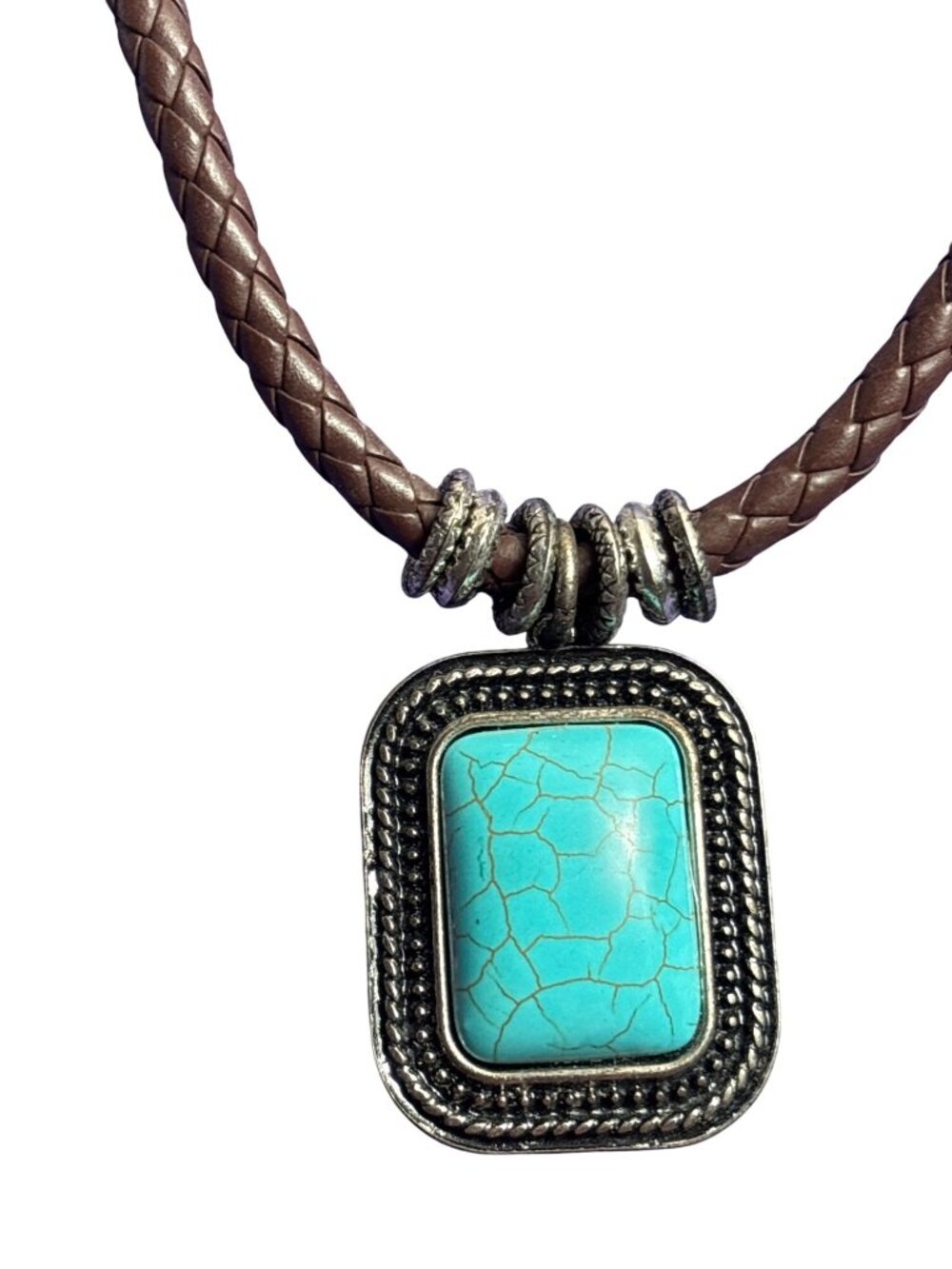 Brown Faux Leather Braided Cord Necklace Faux Turquoise Rectangle Pendant